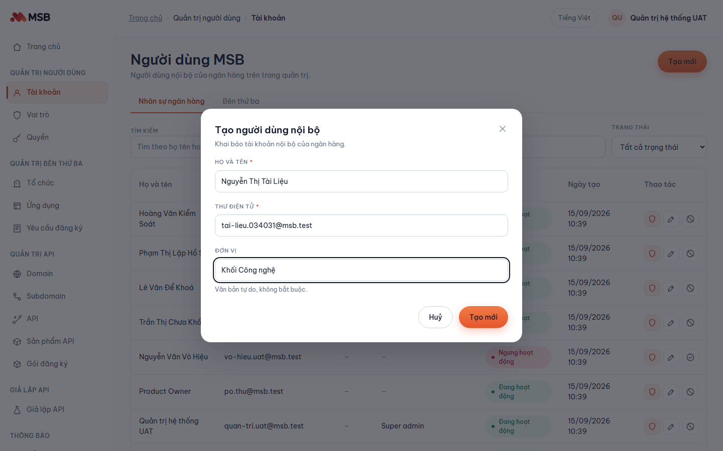 Hộp thoại Tạo người dùng nội bộ