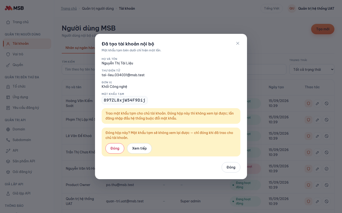Hỏi lại trước khi đóng hộp mật khẩu tạm